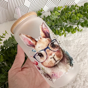 Cute Rabbit Glass Coffee Cup, Rabbit Glass Iced Coffee Cup with Bamboo Lid and Straw, Iced Coffee Glass, Gift Friend, Aesthetic UV DTF 16oz