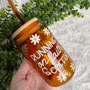 Running on faith Glass Coffee Cup, Orange Glass Coffee Cup with Bamboo Lid and Straw, Iced Coffee Glass, Gift for Friend, Aesthetic UV DTF 12oz