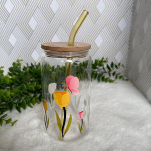Flower Glass Coffee Cup, Tulip Flower Glass Iced Coffee Cup with Bamboo Lid and Straw, Iced Coffee Glass, Gift for Friend, Aesthetic UV DTF 16oz