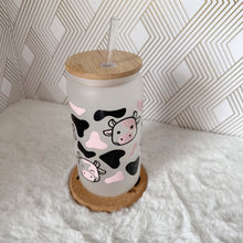 Load image into Gallery viewer, Cute Cow Glass Coffee Cup, Cute Glass Coffee Cup with Bamboo Lid and Straw, Iced Coffee Frosted Glass, Gift for Friend, Aesthetic UV DTF 16oz
