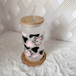 Cute Cow Glass Coffee Cup, Cute Glass Coffee Cup with Bamboo Lid and Straw, Iced Coffee Frosted Glass, Gift for Friend, Aesthetic UV DTF 16oz