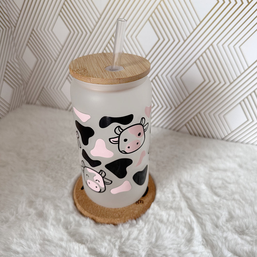 Cute Cow Glass Coffee Cup, Cute Glass Coffee Cup with Bamboo Lid and Straw, Iced Coffee Frosted Glass, Gift for Friend, Aesthetic UV DTF 16oz