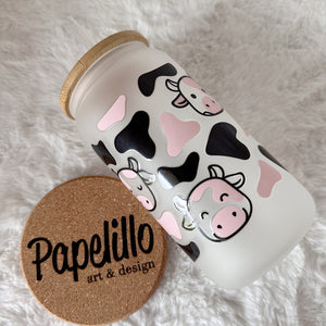 Cute Cow Glass Coffee Cup, Cute Glass Coffee Cup with Bamboo Lid and Straw, Iced Coffee Frosted Glass, Gift for Friend, Aesthetic UV DTF 16oz