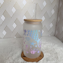 Load image into Gallery viewer, Mermaid Glass Coffee Cup, Sea mermaid Glass Coffee Cup with Bamboo Lid and Straw, Iced Coffee Frosted Glass, Gift Friend, Aesthetic UV DTF 16oz
