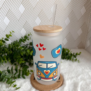 Groovy Love Glass Coffee Cup, Peace Glass Iced Coffee Cup with Bamboo Lid and Straw, Iced Coffee Glass, Gift for Friend, Aesthetic UV DTF 16oz