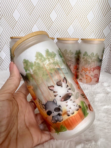 Cute Safari Woodland Glass Can, Glass Iced Coffee Cup with Bamboo Lid and Straw, Iced Coffee Glass Can, Gift for Friend, Coffee Aesthetic 16oz