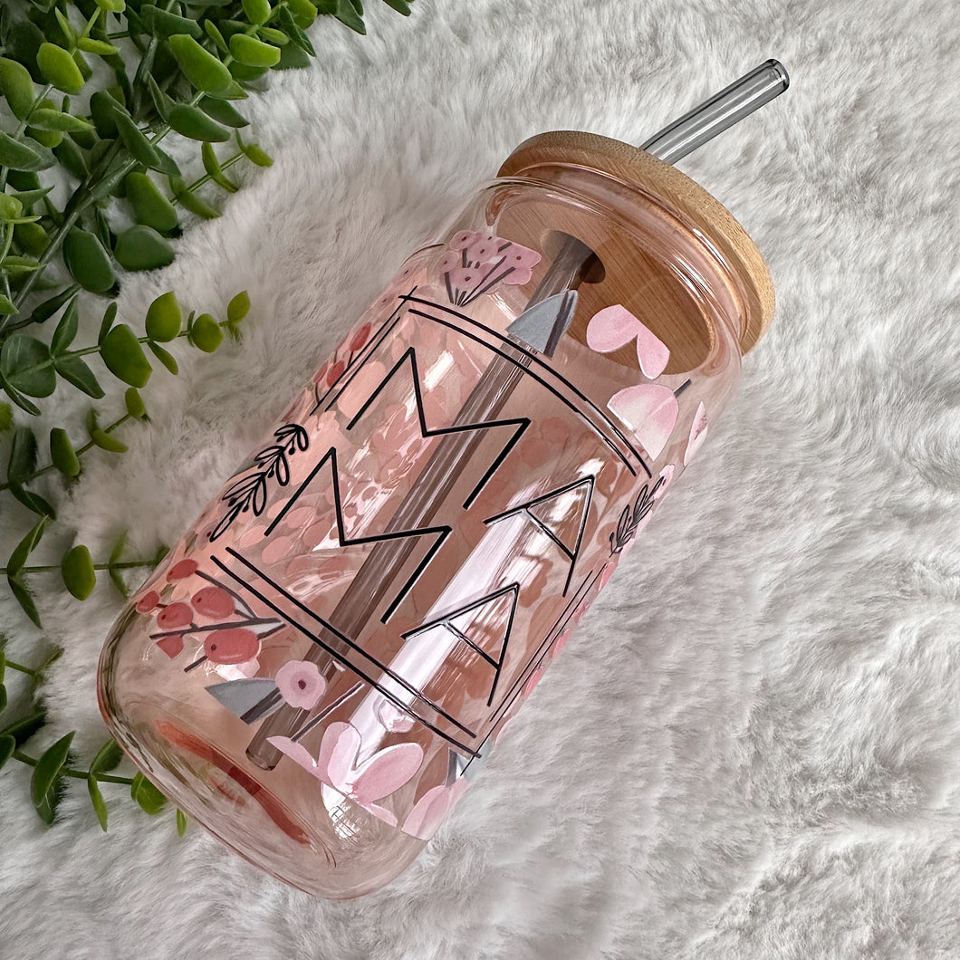 Mama Pink Glass Coffee Cup, Mother Glass Iced Coffee Cup with Bamboo Lid and Straw, MOM Iced Coffee Glass, Gift for Friend, Aesthetic UV DTF 16 oz