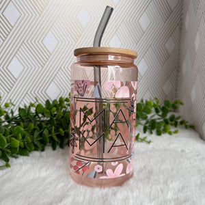 Mama Pink Glass Coffee Cup, Mother Glass Iced Coffee Cup with Bamboo Lid and Straw, MOM Iced Coffee Glass, Gift for Friend, Aesthetic UV DTF 16 oz