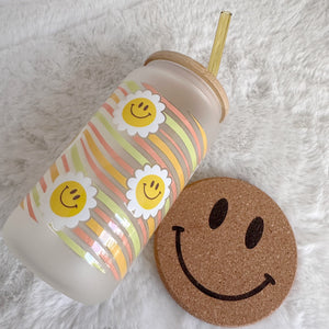 Retro Happy Smile Glass Coffee Cup, Groovy Glass Coffee Cup with Bamboo Lid and Straw, Iced Coffee Frosted Glass, Gift for Friend, Aesthetic 16oz