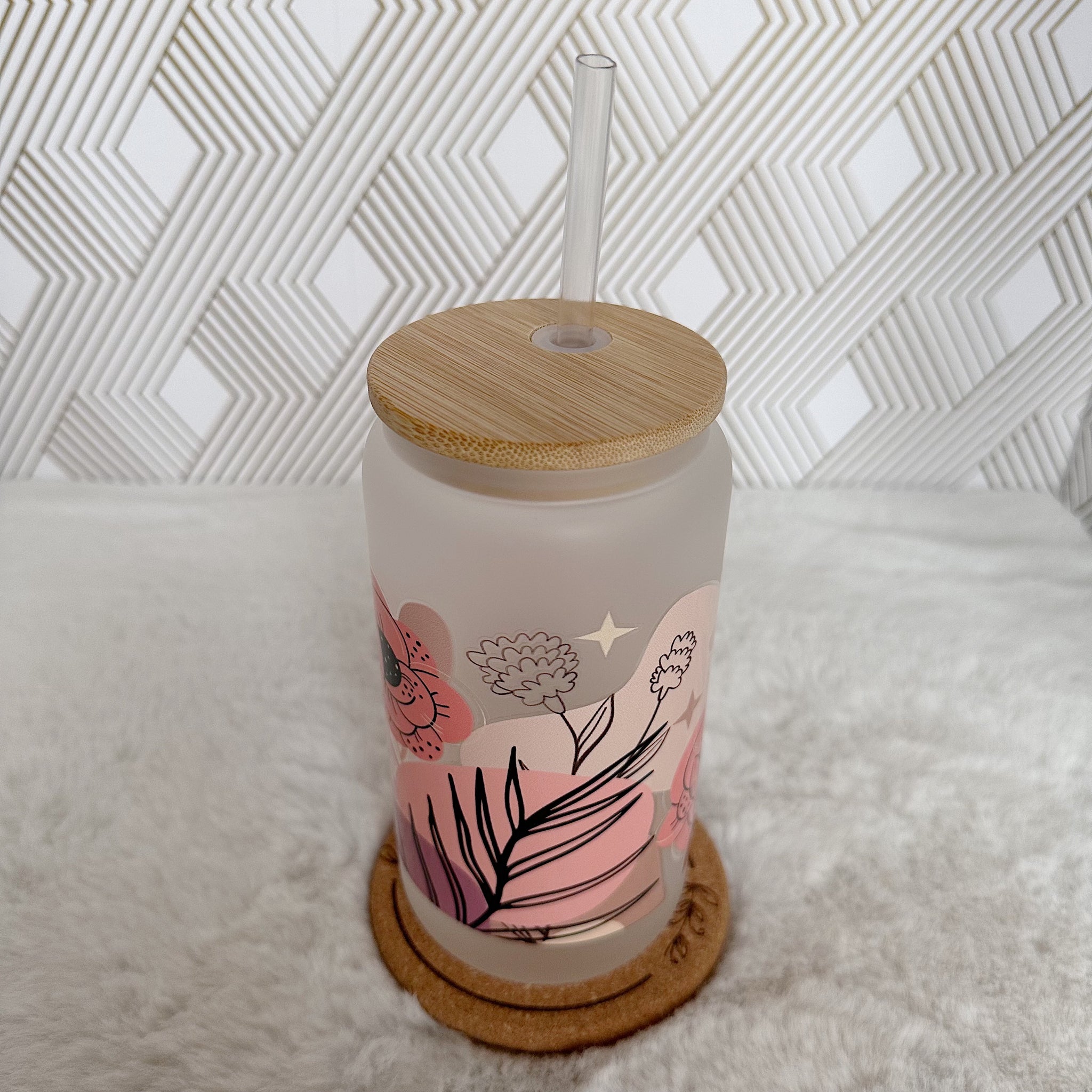 Boho Glass Coffee Cup, Pink Flower Glass Coffee Cup with Bamboo
