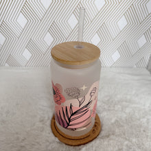 Load image into Gallery viewer, Boho Glass Coffee Cup, Pink Flower Glass Coffee Cup with Bamboo Lid and Straw, Iced Coffee Frosted Glass, Gift for Friend, Aesthetic UV DTF 16oz
