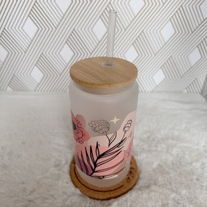 Boho Glass Coffee Cup, Pink Flower Glass Coffee Cup with Bamboo Lid and Straw, Iced Coffee Frosted Glass, Gift for Friend, Aesthetic UV DTF 16oz
