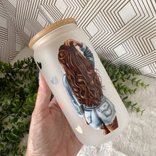 Load image into Gallery viewer, She is Glass Coffee Cup, She is Glass Iced Coffee Cup with Bamboo Lid and Straw, Iced Coffee Glass, Gift Friend, Aesthetic UV DTF 16oz
