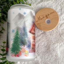 Load image into Gallery viewer, Christmas Village Glass Coffee Cup, Christmas Glass Iced Coffee Cup with Bamboo Lid and Straw, Iced Coffee, Gift for Friend, Coffee Aesthetic
