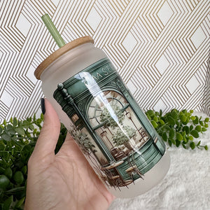 French Cafe Glass Coffee Cup, Cafeteria Glass Iced Coffee Cup with Bamboo Lid and Straw, Iced Coffee Glass, Gift Friend, Aesthetic UV DTF 16oz