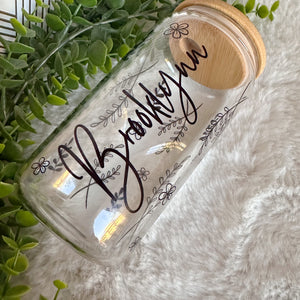 Personalized Glass Coffee Cup, Name Glass Iced Coffee Cup with Bamboo Lid and Straw, Iced Coffee Glass, Gift for Friend, Coffee Aesthetic