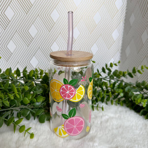 Lemon Glass Coffee Cup, Lemon Pink Glass Iced Coffee Cup with Bamboo Lid and Straw, Iced Coffee Glass, Gift for Friend, Aesthetic UV DTF 16oz