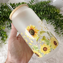 Load image into Gallery viewer, Sunflower Glass Coffee Cup, Sunflower Glass Iced Coffee Cup with Bamboo Lid and Straw, Iced Coffee Glass, Gift Friend, Aesthetic UV DTF 16oz
