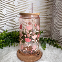 Load image into Gallery viewer, Tulip Pink Glass Coffee Cup, Flower Glass Iced Coffee Cup with Bamboo Lid and Straw, Iced Coffee Glass, Gift for Friend, Aesthetic UV DTF 16oz
