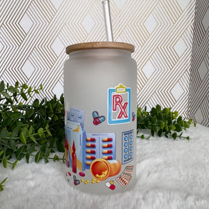 Pharmacist Glass Coffee Cup, Pharmacy Glass Iced Coffee Cup with Bamboo Lid and Straw, Iced Coffee Glass, Gift for Friend, Aesthetic UV DTF 16oz