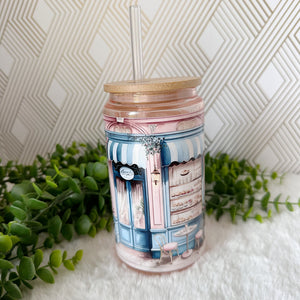 French Cafe Pink Glass Coffee Cup, Cafeteria Glass Iced Coffee Cup with Bamboo Lid/Straw, Iced Coffee Glass, Gift Friend, Aesthetic UV DTF 16oz