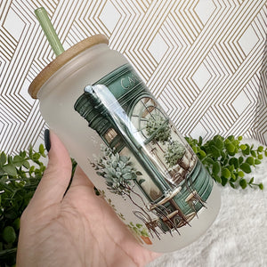 French Cafe Glass Coffee Cup, Cafeteria Glass Iced Coffee Cup with Bamboo Lid and Straw, Iced Coffee Glass, Gift Friend, Aesthetic UV DTF 16oz
