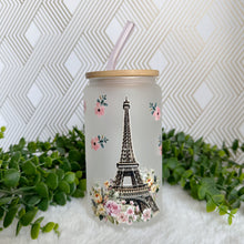 Load image into Gallery viewer, Torre Eiffel Glass Coffee Cup, Cute Paris Glass Iced Coffee Cup with Bamboo Lid and Straw, Iced Coffee Glass, Gift Friend, Aesthetic UV DTF
