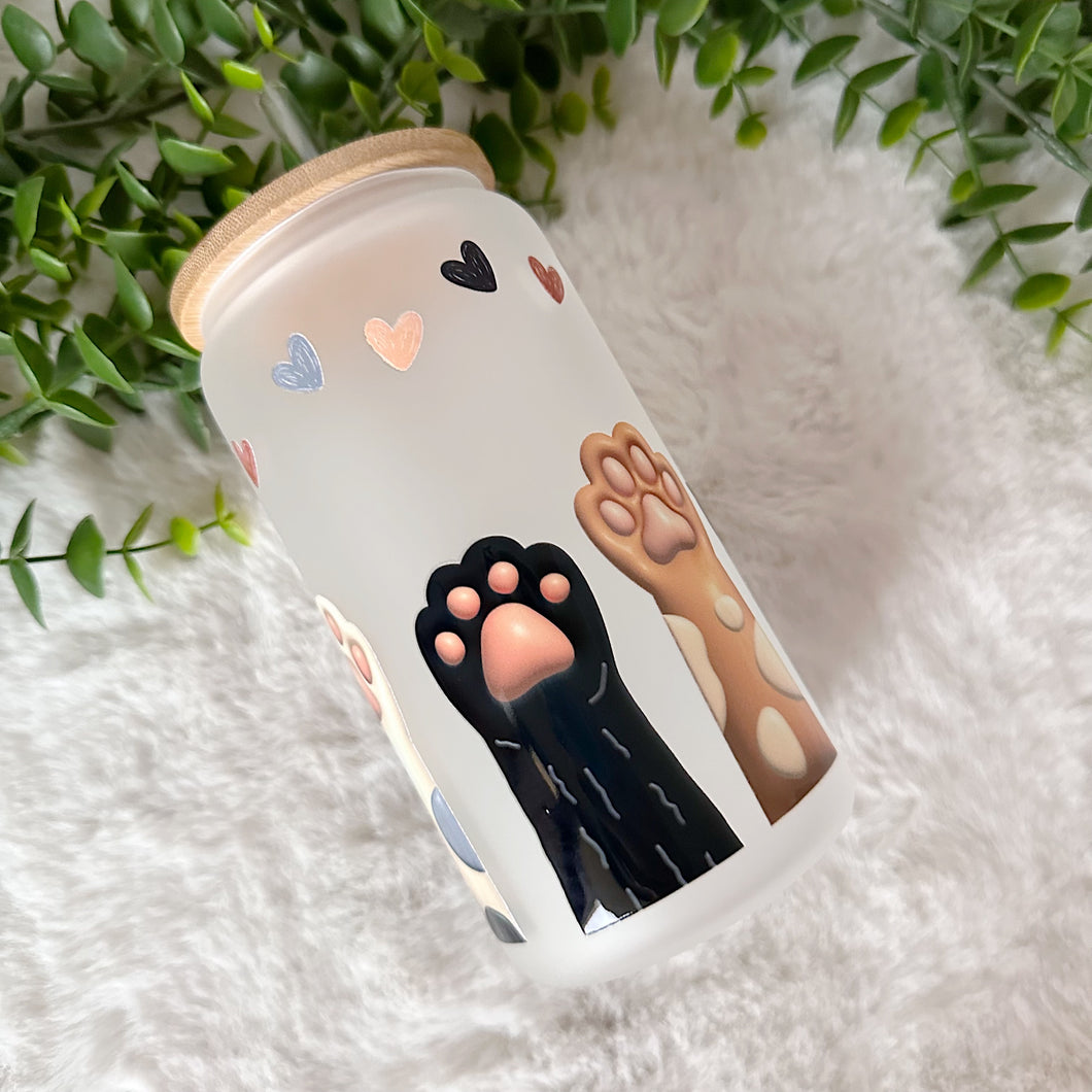 Cute Paws Glass Coffee Cup, Paws Dog Cat Glass Iced Coffee Cup with Bamboo Lid and Straw, Iced Coffee Glass, Gift Friend, Aesthetic UV DTF 16oz