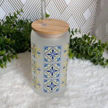 Load image into Gallery viewer, Portuguese Tiles Glass Coffee Cup, Glass Iced Coffee Cup with Bamboo Lid and Straw, Iced Coffee Glass, Gift for Friend, Aesthetic UV DTF 16oz
