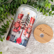 Load image into Gallery viewer, Christmas Nutcracker Glass Iced Coffee Cup with Bamboo Lid and Straw, Iced Coffee Glass, Gift for Friend, Coffee Aesthetic
