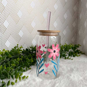 Flower Glass Coffee Cup, Pink Flower Glass Iced Coffee Cup with Bamboo Lid and Straw, Iced Coffee Glass, Gift for Friend, Aesthetic UV DTF 16oz
