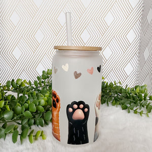 Cute Paws Glass Coffee Cup, Paws Dog Cat Glass Iced Coffee Cup with Bamboo Lid and Straw, Iced Coffee Glass, Gift Friend, Aesthetic UV DTF 16oz