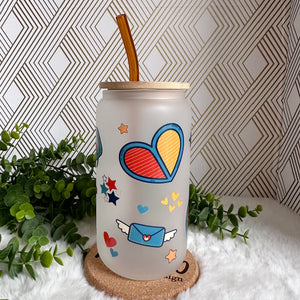 Groovy Love Glass Coffee Cup, Peace Glass Iced Coffee Cup with Bamboo Lid and Straw, Iced Coffee Glass, Gift for Friend, Aesthetic UV DTF 16oz