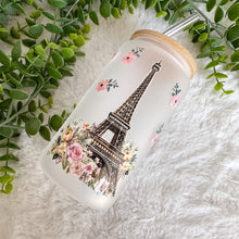 Load image into Gallery viewer, Torre Eiffel Glass Coffee Cup, Cute Paris Glass Iced Coffee Cup with Bamboo Lid and Straw, Iced Coffee Glass, Gift Friend, Aesthetic UV DTF
