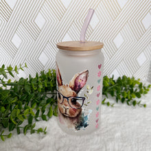 Load image into Gallery viewer, Cute Rabbit Glass Coffee Cup, Rabbit Glass Iced Coffee Cup with Bamboo Lid and Straw, Iced Coffee Glass, Gift Friend, Aesthetic UV DTF 16oz
