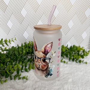 Cute Rabbit Glass Coffee Cup, Rabbit Glass Iced Coffee Cup with Bamboo Lid and Straw, Iced Coffee Glass, Gift Friend, Aesthetic UV DTF 16oz