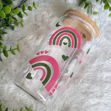 Load image into Gallery viewer, Rainbow Glass Coffee Cup, Pink Rainbow Glass Iced Coffee Cup with Bamboo Lid and Straw, Iced Coffee Glass, Gift for Friend, Aesthetic UV DTF 16oz
