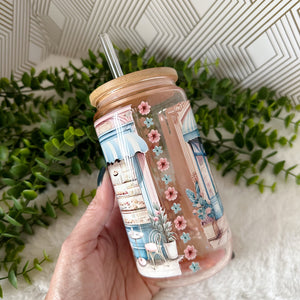 French Cafe Pink Glass Coffee Cup, Cafeteria Glass Iced Coffee Cup with Bamboo Lid/Straw, Iced Coffee Glass, Gift Friend, Aesthetic UV DTF 16oz