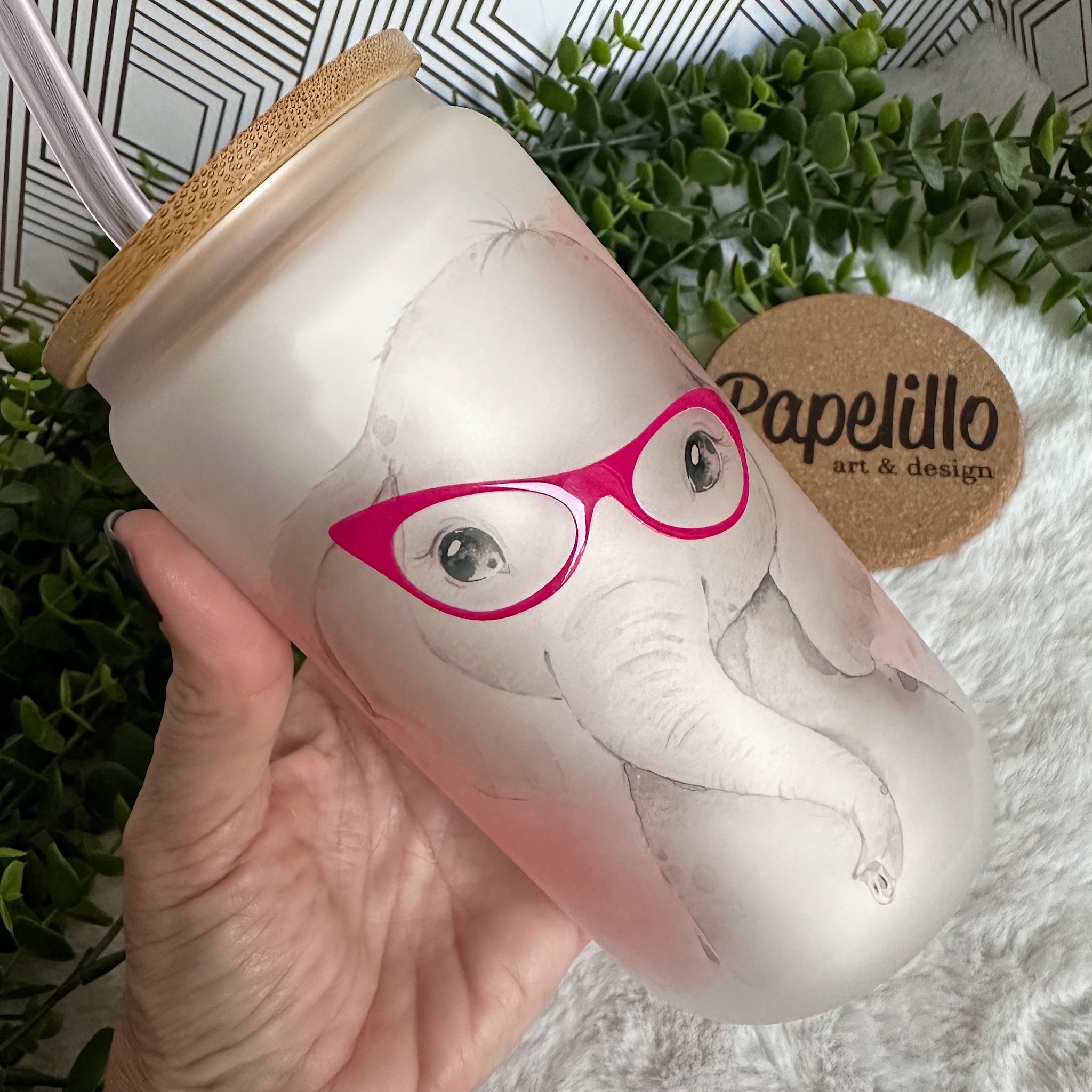 Elephant Glass Coffee Cup, Cute Elephant Glass Iced Coffee Cup with Ba –  Papelillo Art Design