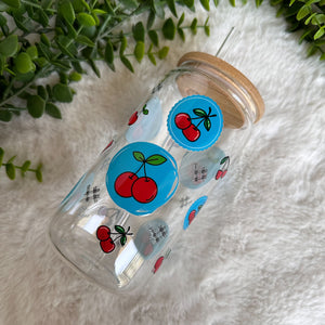 Cherry Glass Coffee Cup, Turquoise Cherry Glass Iced Coffee Cup with Bamboo Lid and Straw, Iced Coffee Glass, Gift Friend, Aesthetic UV DTF 16oz
