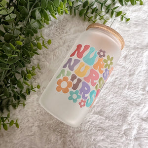 Nurse Groove Glass Coffee Cup, Nurse Glass Iced Coffee Cup with Bamboo Lid and Straw, Iced Coffee Glass, Gift Friend, Aesthetic UV DTF 16oz