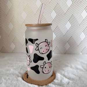 Cute Cow Glass Coffee Cup, Cute Glass Coffee Cup with Bamboo Lid and Straw, Iced Coffee Frosted Glass, Gift for Friend, Aesthetic UV DTF 16oz