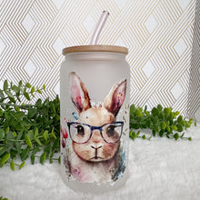 Load image into Gallery viewer, Cute Rabbit Glass Coffee Cup, Rabbit Glass Iced Coffee Cup with Bamboo Lid and Straw, Iced Coffee Glass, Gift Friend, Aesthetic UV DTF 16oz
