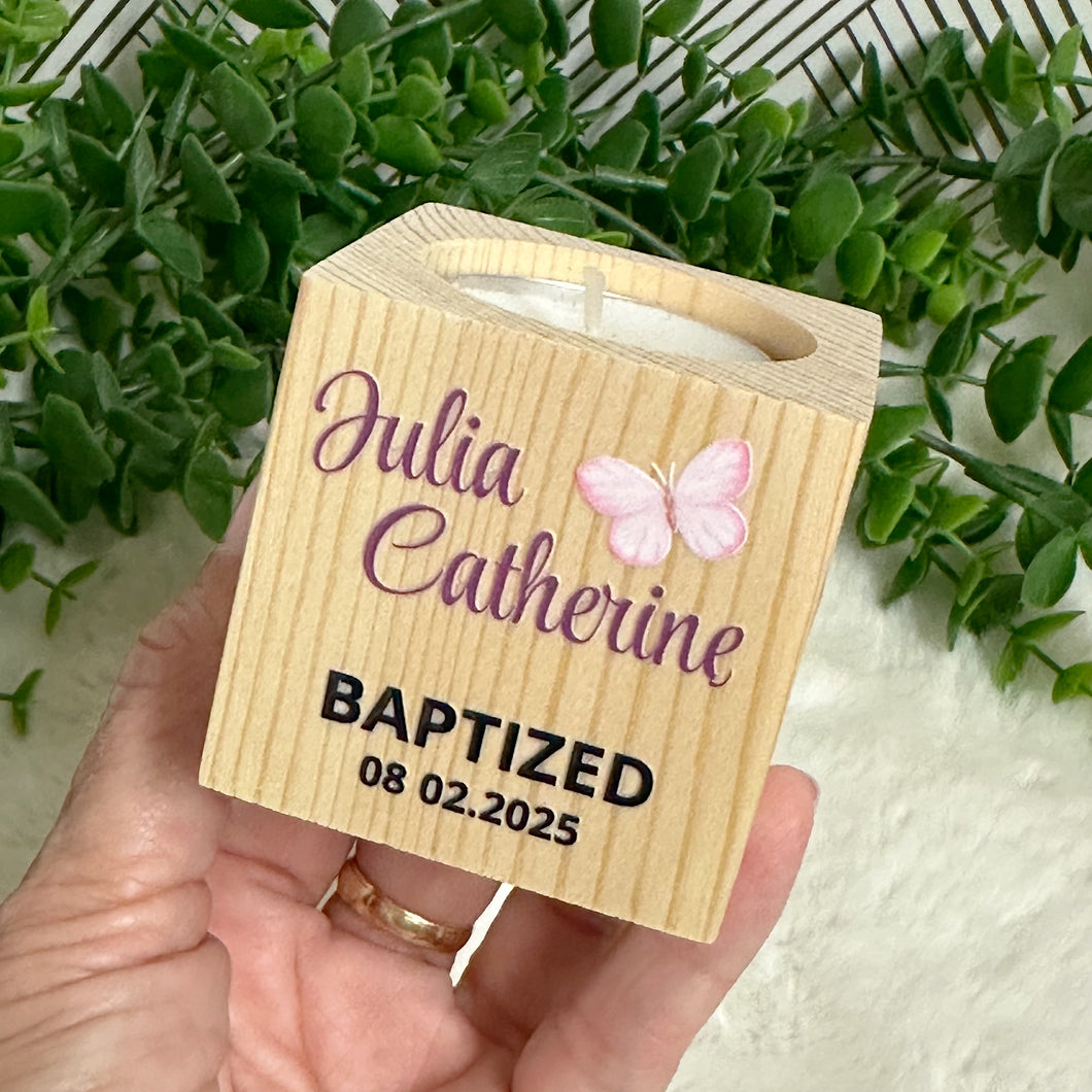 Baby Shower Girl Favors, Handmade Wooden Candle Holder, Personalized Tealight Holder, Baptism Candle Favor, Confirmation, Christening Favors