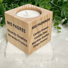 Load image into Gallery viewer, Baby Shower Favors, Handmade Wooden Candle Holder, Personalized Tealight Holder, Baptism Candle Favor, Confirmation, Jose Gregorio Hernandez
