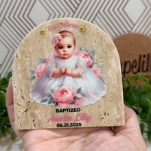 Load image into Gallery viewer, Personalized Baptism Gift Girl, Arch Natural Travertine Stone Christening Gifts, Baptism Gifts for Goddaughter, Unique Baptism Gift Baby Idea
