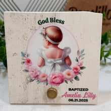 Load image into Gallery viewer, Personalized Baptism Gift Girl, Natural Travertine Stone Christening Gifts, Baptism Gifts for Goddaughter, Unique Baptism Gift Baby Idea
