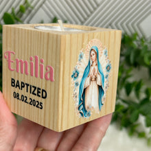 Load image into Gallery viewer, Baby Shower Virgin Mary Favors, Handmade Wooden Candle Holder, Personalized Tealight Holder, Baptism Candle Favor, Confirmation, Christening Favors
