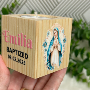 Baby Shower Virgin Mary Favors, Handmade Wooden Candle Holder, Personalized Tealight Holder, Baptism Candle Favor, Confirmation, Christening Favors