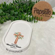 Load image into Gallery viewer, Eco Resine Oval Tray Virgin Mary | Handmade Vanity Tray | Jewelry Holder | Decorative Organizer | Modern Home Decor | Unique Christening Gift
